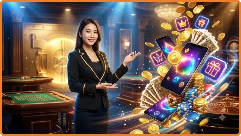 Điện thoại thông minh hiển thị các game bài đổi thưởng trên bàn casino